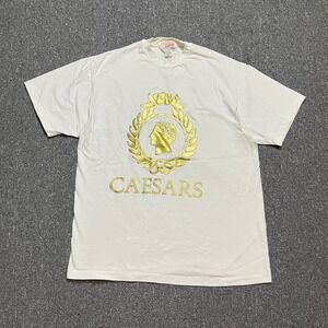 Vintage Caesars Palace T Shirt Large White Gold Foil Casino Las Vegas 90s Tee